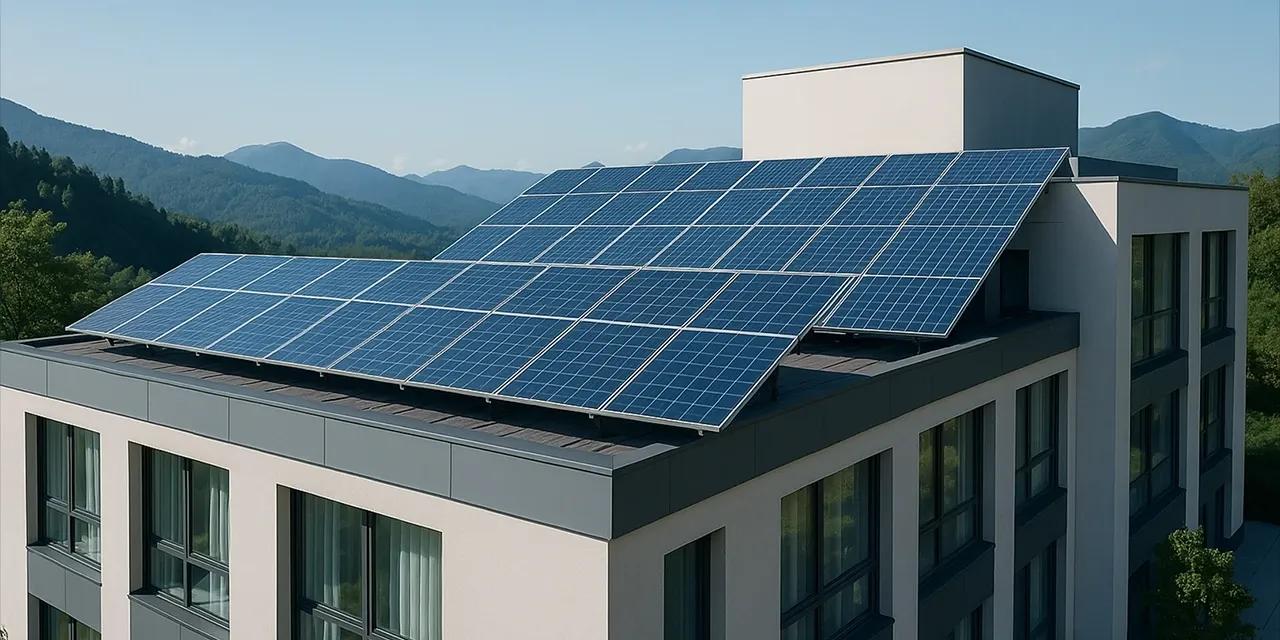 Modern hotel with solar panels showcasing sustainability in hospitality